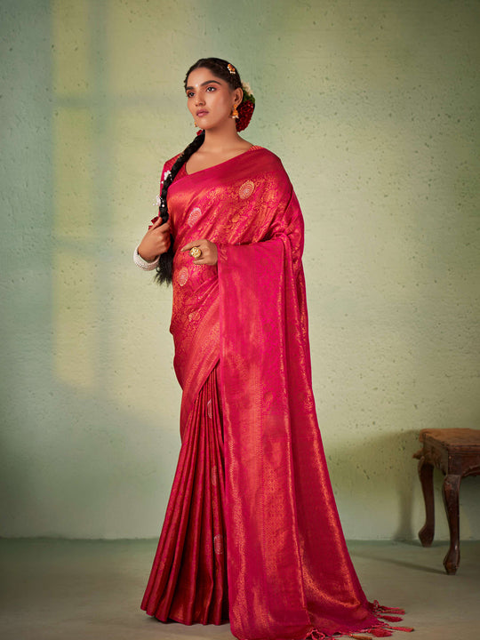 Dark Pink Kanjivaram Art Silk Saree With Blouse Piece