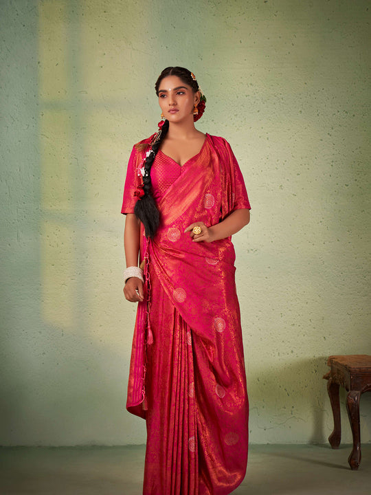 Dark Pink Kanjivaram Art Silk Saree With Blouse Piece