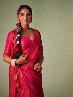 Dark Pink Kanjivaram Art Silk Saree With Blouse Piece