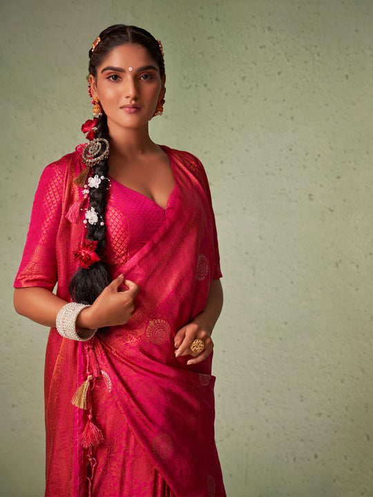 Dark Pink Kanjivaram Art Silk Saree With Blouse Piece