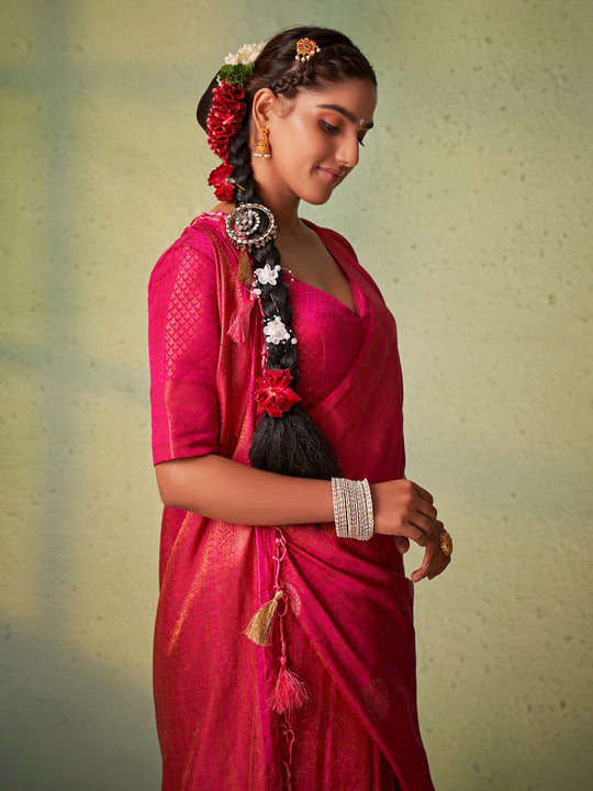 Dark Pink Kanjivaram Art Silk Saree With Blouse Piece