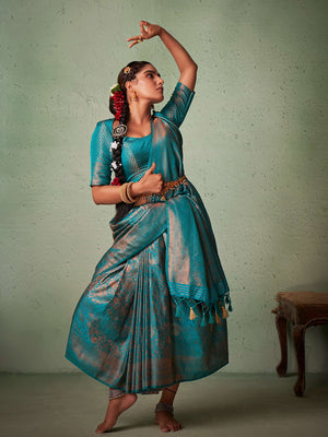 Blue Kanjivaram Art Silk Saree With Blouse Piece