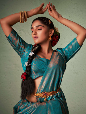 Blue Kanjivaram Art Silk Saree With Blouse Piece