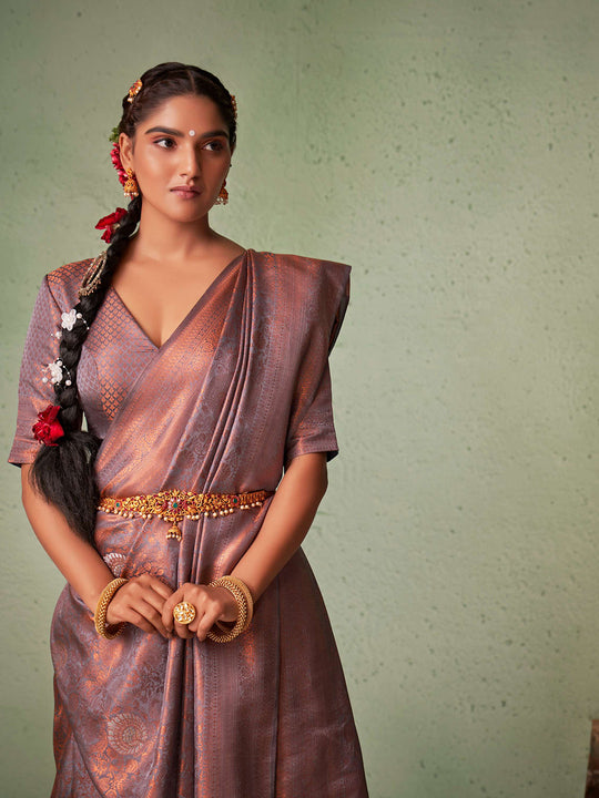 Grey Kanjivaram Art Silk Saree With Blouse Piece