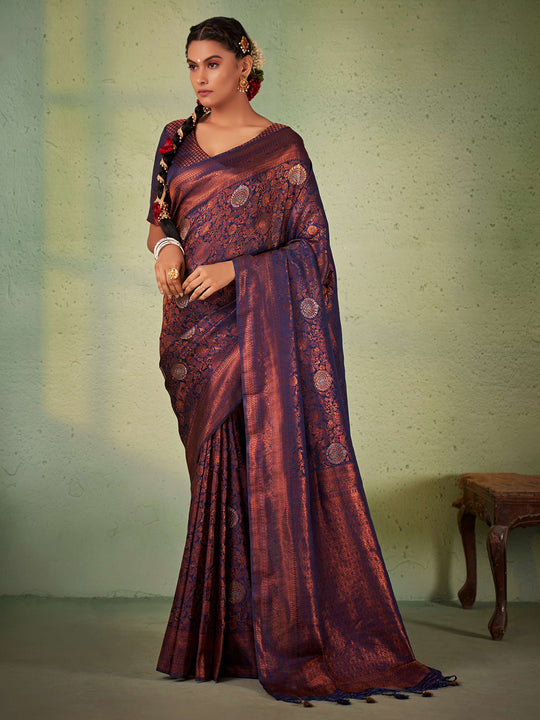 Navy Blue Kanjivaram Art Silk Saree With Blouse Piece
