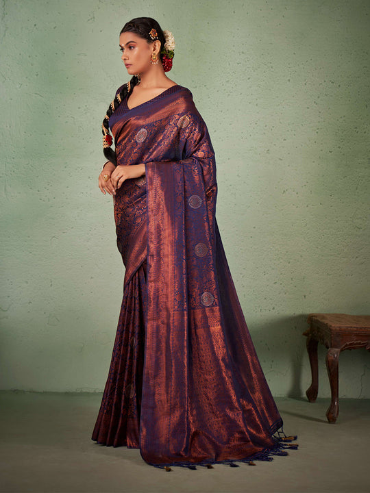 Navy Blue Kanjivaram Art Silk Saree With Blouse Piece