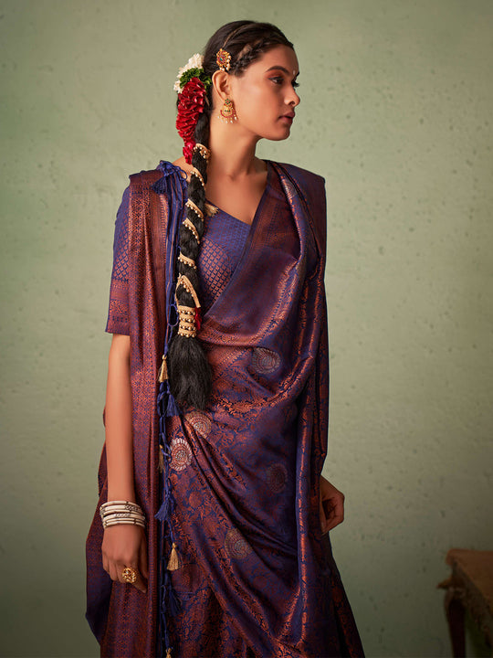 Navy Blue Kanjivaram Art Silk Saree With Blouse Piece