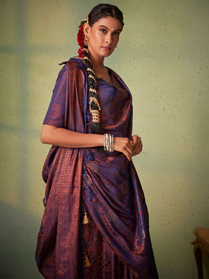 Navy Blue Kanjivaram Art Silk Saree With Blouse Piece