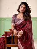 Maroon Linen Silk Handloom Saree With Blouse Piece
