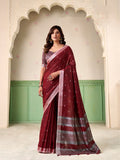 Maroon Linen Silk Handloom Saree With Blouse Piece