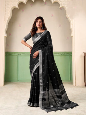 Black Linen Silk Handloom Saree With Blouse Piece