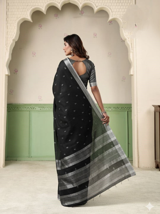 Black Linen Silk Handloom Saree With Blouse Piece