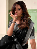 Black Linen Silk Handloom Saree With Blouse Piece