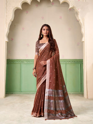 Brown Linen Silk Handloom Saree With Blouse Piece