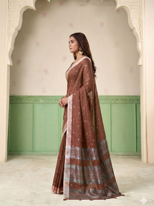 Brown Linen Silk Handloom Saree With Blouse Piece