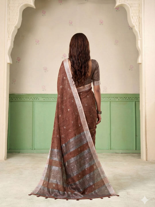 Brown Linen Silk Handloom Saree With Blouse Piece