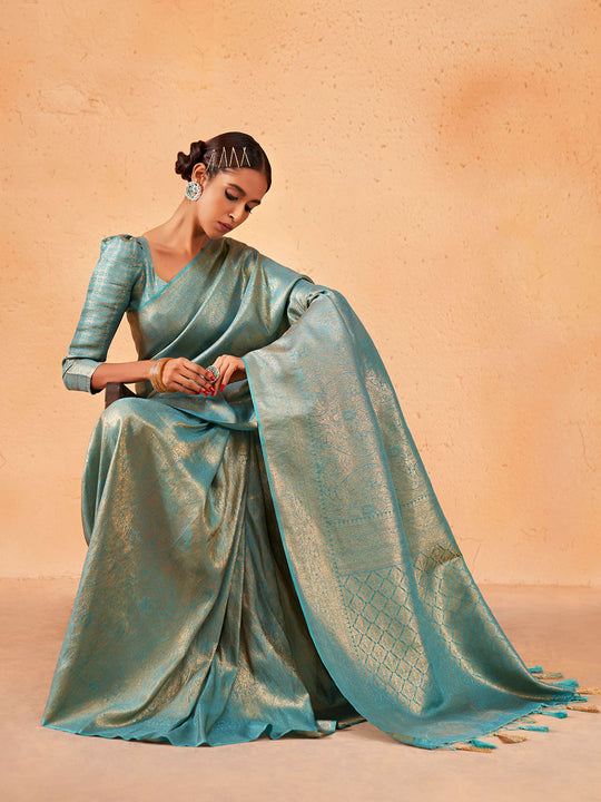Light Blue Kanjivaram Art Silk Saree With Blouse Piece