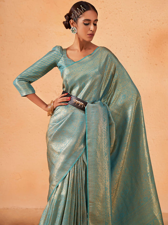 Light Blue Kanjivaram Art Silk Saree With Blouse Piece