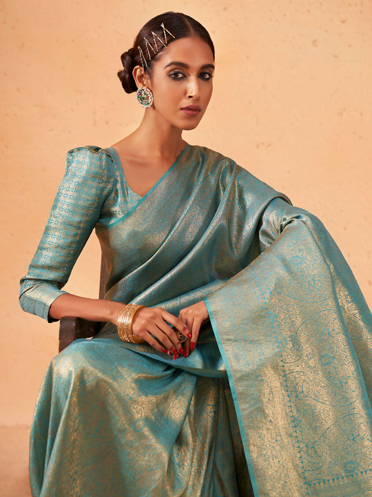 Light Blue Kanjivaram Art Silk Saree With Blouse Piece