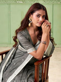 Grey Linen Silk Handloom Saree With Blouse Piece