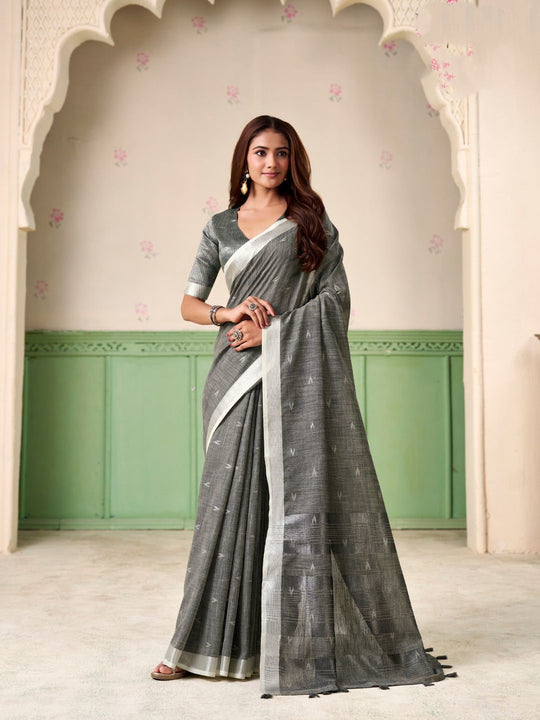 Grey Linen Silk Handloom Saree With Blouse Piece