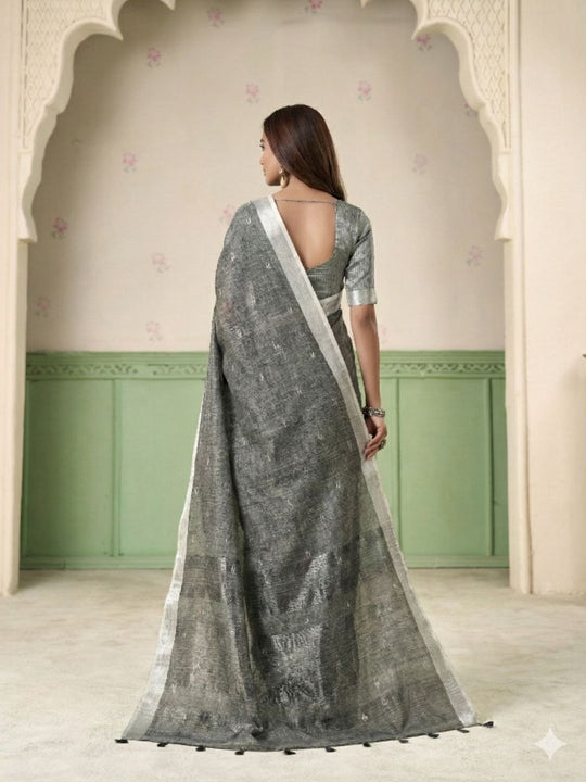 Grey Linen Silk Handloom Saree With Blouse Piece
