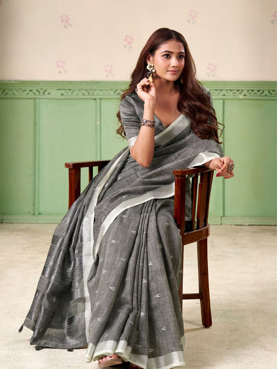 Grey Linen Silk Handloom Saree With Blouse Piece