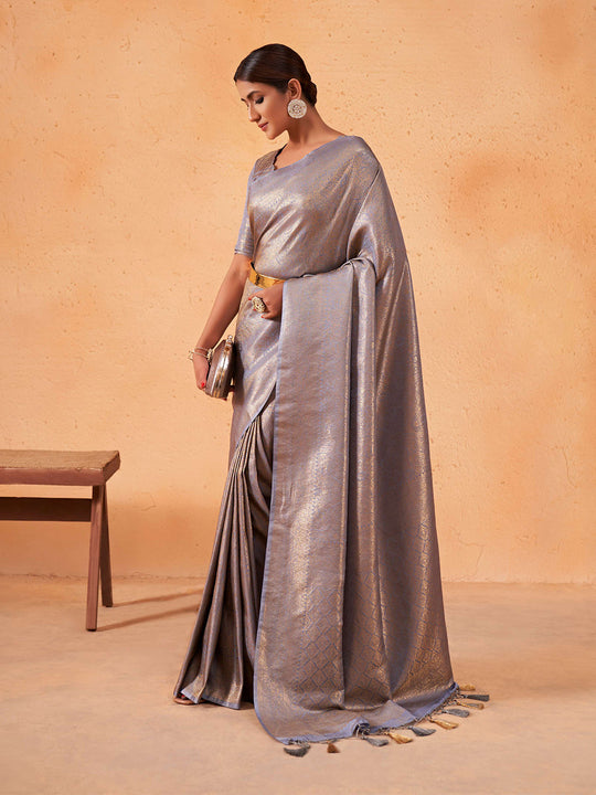 Grey Kanjivaram Art Silk Saree With Blouse Piece