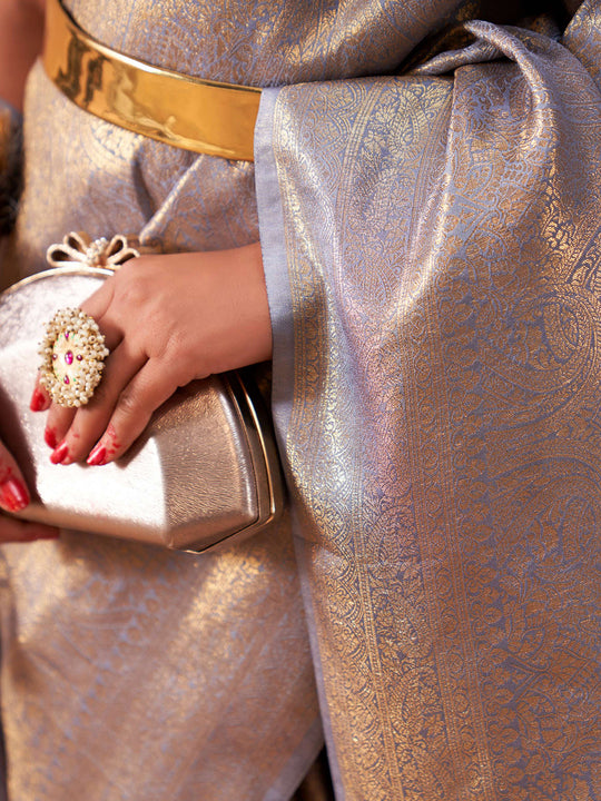 Grey Kanjivaram Art Silk Saree With Blouse Piece