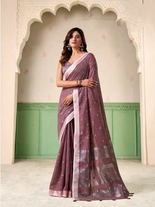Dusty Rose Linen Silk Handloom Saree With Blouse Piece