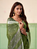 Green Linen Silk Handloom Saree With Blouse Piece