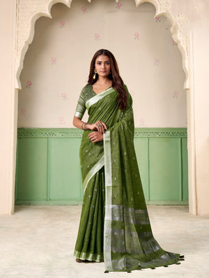 Green Linen Silk Handloom Saree With Blouse Piece