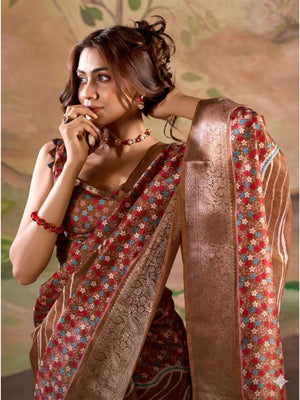 Brown Malai Silk Printed Saree With Zari Floral Border And Blouse Piece