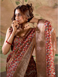 Brown Malai Silk Printed Saree With Zari Floral Border And Blouse Piece