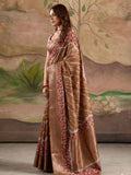 Brown Malai Silk Printed Saree With Zari Floral Border And Blouse Piece