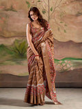 Brown Malai Silk Printed Saree With Zari Floral Border And Blouse Piece