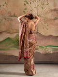 Brown Malai Silk Printed Saree With Zari Floral Border And Blouse Piece