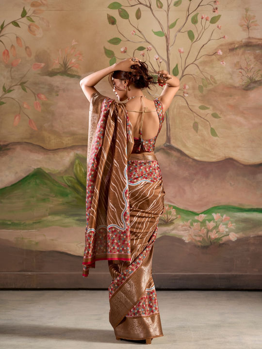 Brown Malai Silk Printed Saree With Zari Floral Border And Blouse Piece