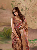 Brown Malai Silk Printed Saree With Zari Floral Border And Blouse Piece