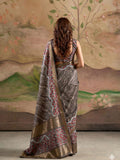 Dark Drey Malai Silk Printed Saree With Zari Floral Border And Blouse Piece