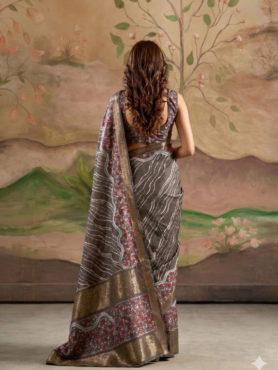 Dark Drey Malai Silk Printed Saree With Zari Floral Border And Blouse Piece