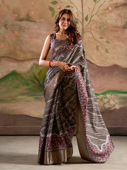 Dark Drey Malai Silk Printed Saree With Zari Floral Border And Blouse Piece