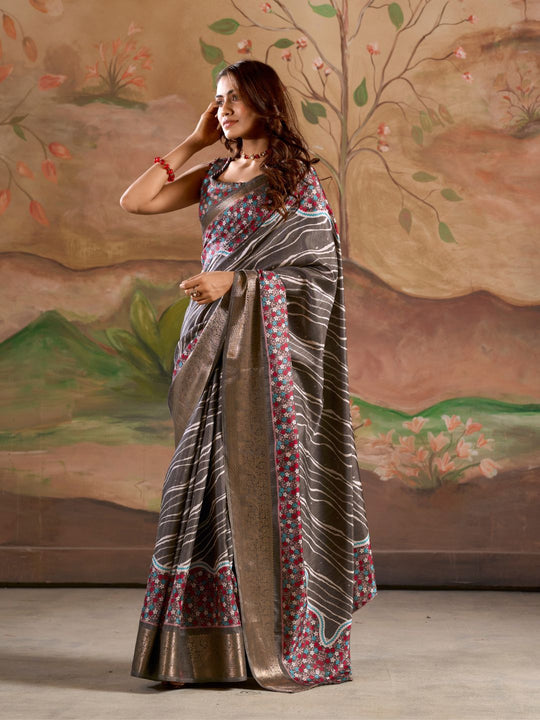 Dark Drey Malai Silk Printed Saree With Zari Floral Border And Blouse Piece