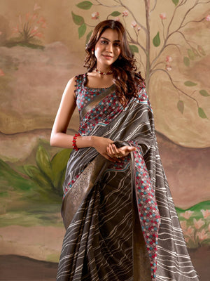 Dark Drey Malai Silk Printed Saree With Zari Floral Border And Blouse Piece