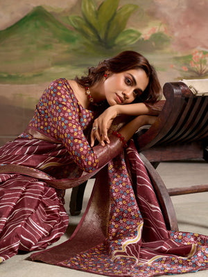 Deep Wine Malai Silk Printed Saree With Zari Floral Border And Blouse Piece