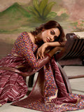Deep Wine Malai Silk Printed Saree With Zari Floral Border And Blouse Piece