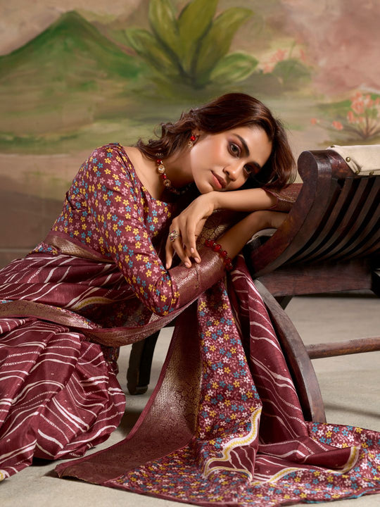 Deep Wine Malai Silk Printed Saree With Zari Floral Border And Blouse Piece