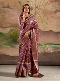 Deep Wine Malai Silk Printed Saree With Zari Floral Border And Blouse Piece