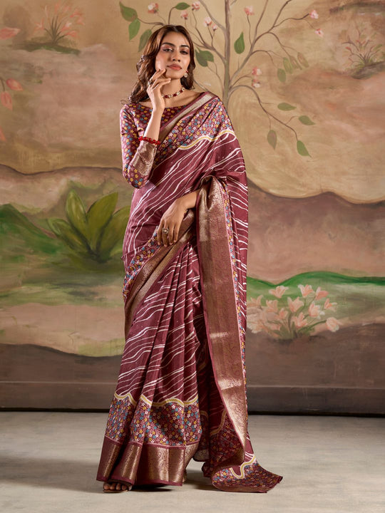 Deep Wine Malai Silk Printed Saree With Zari Floral Border And Blouse Piece
