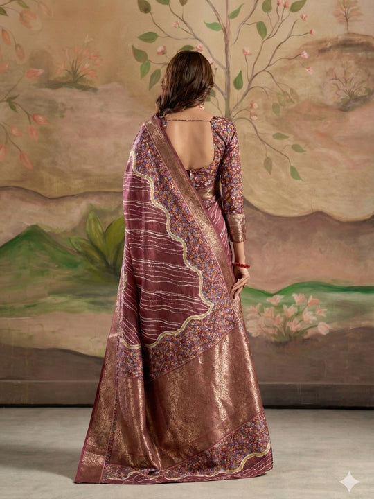 Deep Wine Malai Silk Printed Saree With Zari Floral Border And Blouse Piece